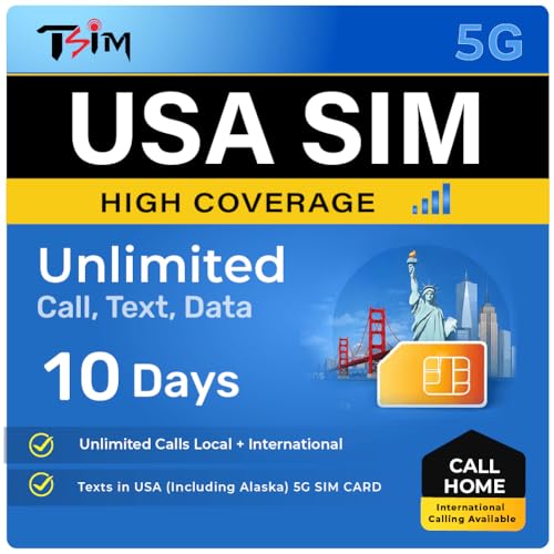 Tarjeta SIM TSIM USA 10 días con Llamadas al país de Origen | Alta Cobertura | Datos ilimitados en Red AT&T | Llamadas/Textos Locales + internacionales ilimitados en EE. UU. (Incluye Alaska) SIM 5G