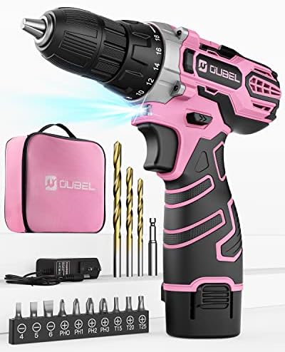 Pink Drill, OUBEL 12V Pink Cordless Drill Set, Pink Drill Set for Women, Power Drill, 2.0AH Battery, 18+1 Torque Setting, 3/8" Keyless Chuck, 2 Variable Speed, 15Pcs Driver/Drill Bits and Storage Bag