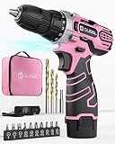 Pink Drill, OUBEL 12V Pink Cordless Drill Set, Pink Drill Set for Women, Power Drill, 2.0AH Battery,