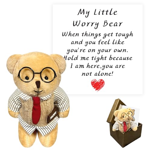ChilArt Mini Handcrafted Worry Bear Gift Set with Inspirational Card Includes Pocket Bear Wearing Shirt and Glasses Mini Bears Make Perfect Emotional Support Gifts for Family Friends(Shirt Bear)