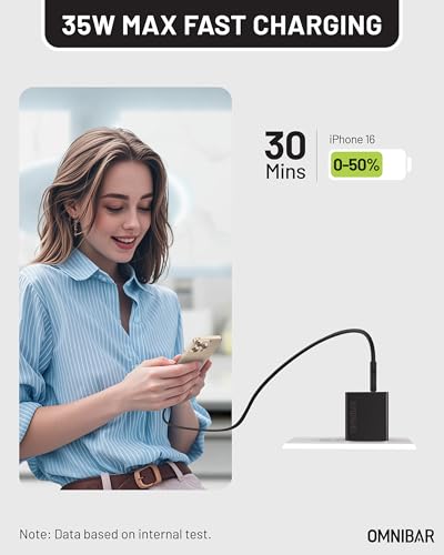 Image of USB Charger Block, 35W 2-Port USB-C Wall Charger with Foldable Plug | Charge 2 Devices Simultaneously • Travel-Ready • Pocket-Size Design • Compatible with iPhone, Galaxy, iPad & AirPods