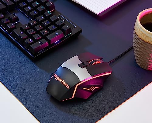 Image of AmazonBasics USB Wired Blue Track and Blue Sensor, Ergonomic Gaming Mouse with 7 Programmable Keys | 6400 DPI