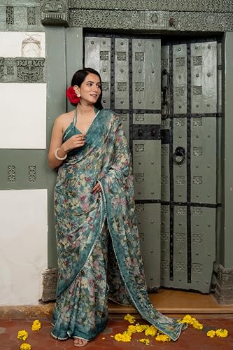 Image of MIRCHI FASHION Women Saree Chiffon Floral Printed | Breathable Festive Occasion Sari for Social Visits with Matching Blouse Piece