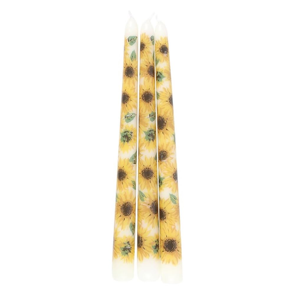 Sunflower Design Taper Candles – Set of 3, Unscented, Vibrant & Cheerful Décor for Summer Table Settings, Living Room, Kitchen & Dining, Long-Lasting 5-Hour Burn Time, Clean Paraffin Wax