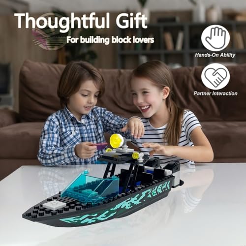 Image of Speed Boat Building Blocks Sets, City Police Fire & Rescue & Patrol & Floating Boat Toy, City Coast Guard Boat & Ships, Creative Building Bricks Compatible with Lego, Fun Gift for Kids (Model B)