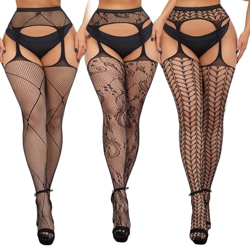 BDSMYEE Sexy Strumpfhosen 3 Set für Frauen,Netz Strumpfhose Ouvert für Damen Bodystocking Ouvert Sexy Dessous Sexy Outfit für Damen (7517+7518+7519)