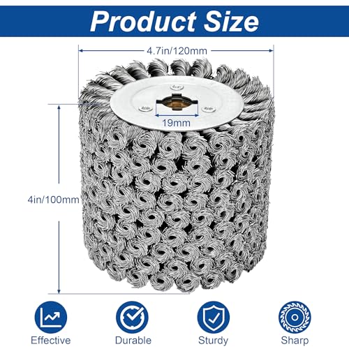 Image of 4.7 inch x 4 inch Twisted Steel Wire Wheel, 0.02 inch Coarse Knotted Wire Brush, Drum Surface Conditioning Tool, Stainless Steel Wire Brush for Metal Removing Rust Wood Grain Restoration - 3 /4 Quad Keyway