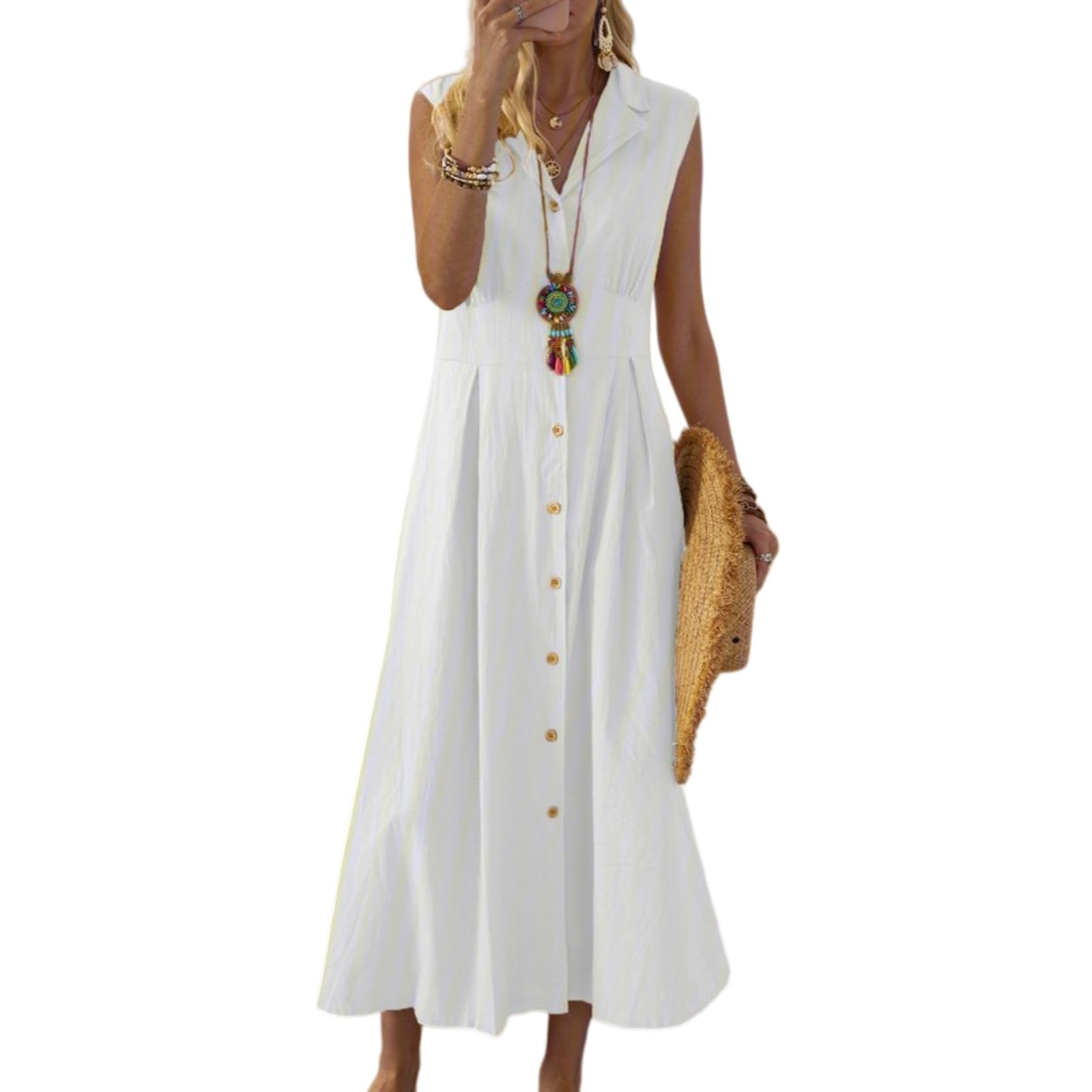 Vestito Donna Cotone Biancheria Maxi Abito, Cerniera A-Line Sciolto Lungo Abito per Le Vacanze Estive Abiti-Yellow-XXL