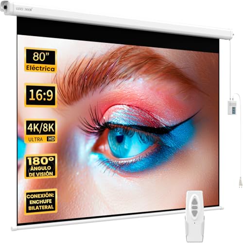 Pantalla de Proyector Eléctrica 80 Pulgadas 16:9 Luxscreen, Área Visible Blanca 177 x 100cm, Requiere un Espacio de instalación de 203cm, Instalación a Pared ó Techo, con Mando