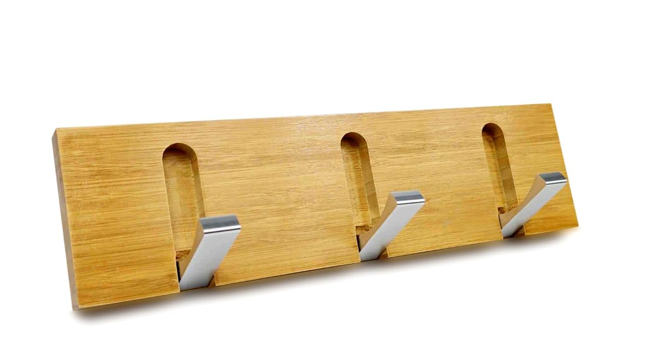 Homion Natural Wall Mounted Door Hooks Coat Hang Racks Wall Organizer Cloths Hanger Bamboo Wood Foldable Wardrobe Hooks Hats, Scarves, Keys, Towel Holder, Folding Shelf (3 Hooks)