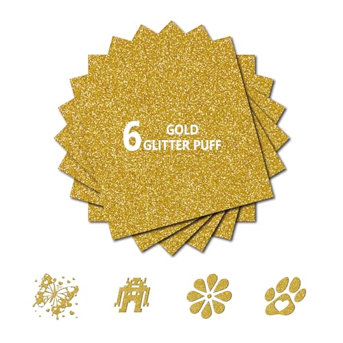 Image of 3D Puff Glitter HTV, 6-Pack 12 inchx10 inch Sheets. Iron-On Vinyl for Fabrics, Compatible with Cricut & Cameo for Easy DIY T-Shirts & Crafts.(Gold Glitter Puff, 12 inch x 10 inch)