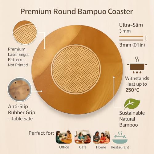 Image of Round Shape Anti Hot Heat Resistant Pot Holder, Car Dashboard Anti Slip Resistant Pad Dining Table Mat Coaster Place Mat Round Shape Pot Holder Bamboo - 20 CM (Set of 4- Wooden)