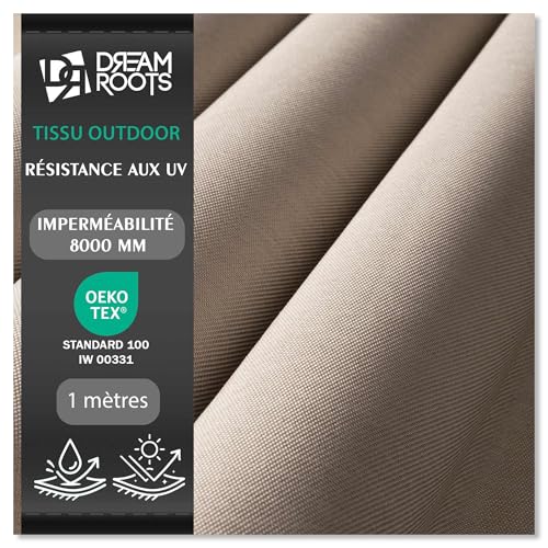 DreamRoots Tissu Imperméable Extérieur au Mètre Aspect Lin Résistant UV - Toile d'Ameublement, Revêtement PU, 240 g/m², Colonne d'Eau 8000 mm, 60 000...