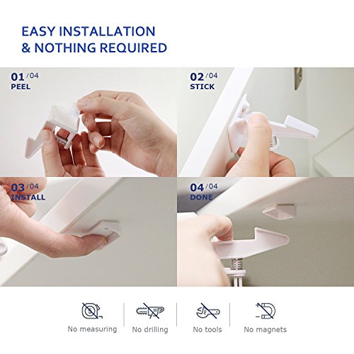 MPS 11 [Upgraded] Child Safety Cabinet Latches Locks, 10 Packs, Easy to Install, No Tools or Drilling Needed, Invisible Design, with Buckles and Screws-White, 2.8
