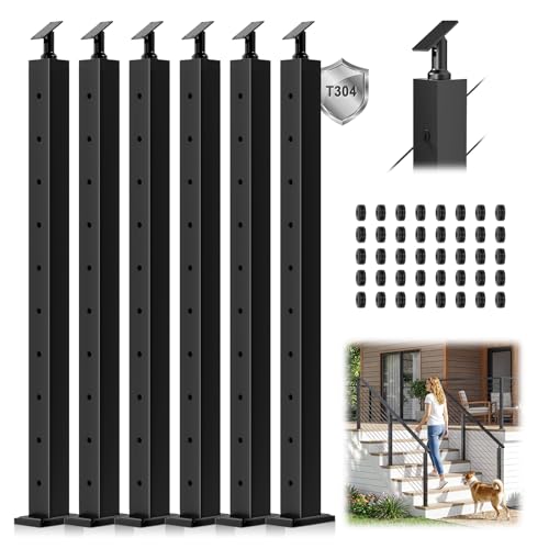Image of 6Pack 36 inch Swageless Modular Stair Cable Railing Post Fit 28-38 Degree Stairway, Stainless Steel T304 Black Coated Surface Mount 33 Angle Drilled Post for Cable Railing System Indoor Outdoor