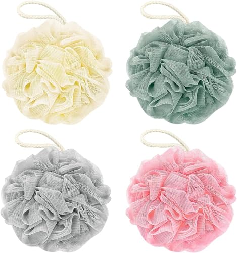 MOMENT 4 Pack Shower Loofah Bath Sponge Bath Loofahs Sponges Exfoliating Mesh Pouf Balls for Bathing Body Wash Shower Puff Body Scrubber Luffa Loofa for Bathroom Men and Women Random Color