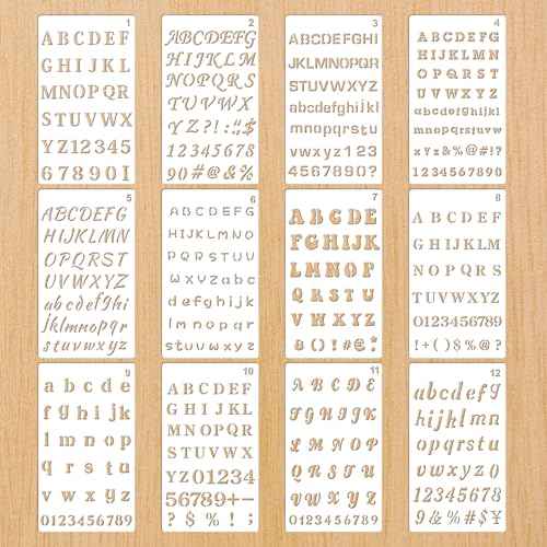Juego de 12 plantillas de letras, plantillas reutilizables del alfabeto, plantillas de números de 4 x 7 pulgadas con símbolos, plantillas de fuente para pintura, diario, decoración de álbumes de