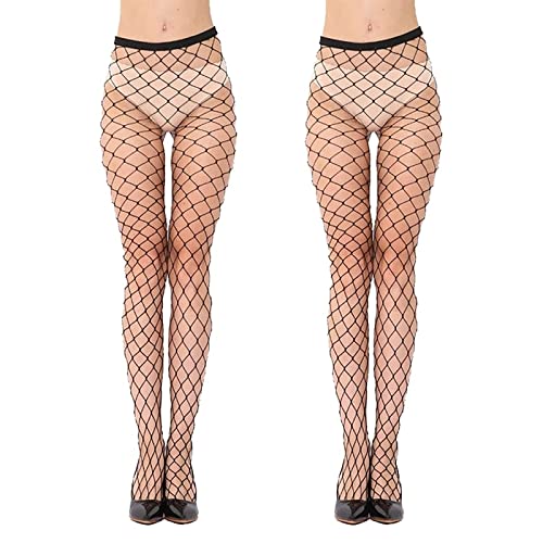 Bas En Résille, 2 Paires Collants Résille Large, Collants À Taille Haute, Maille Croisée, Noir