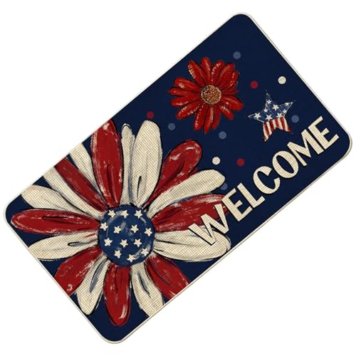 Door Mat Outside Entrance - Independence Day Doormat - Patriotic Non Slip Absorbent Door Mat with Rubber Backing, Red White Blue