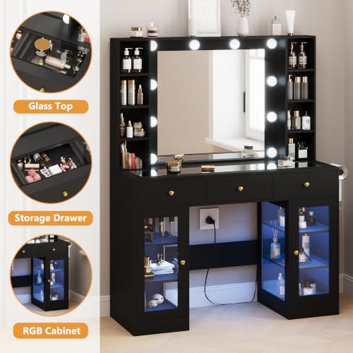 Image of HUANLEGO Black Vanity Desk with Mirror and Lights, Glass Top Vanity with Lighted Mirror & RGB Glass Cabinet and 3 Drawers, Makeup Vanity Desk with Lights Dressing Table for Bedroom, 3 Color Modes