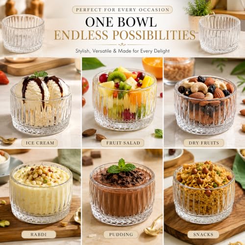 Image of Glassbunny 140ML Embossed Glass Dessert Bowls Set of 6 | Crystal Clear Transparent Glass Bowls for Ice Cream, Pudding, Fruit Salad, Dry Fruits & Snacks | Premium Ribbed Design
