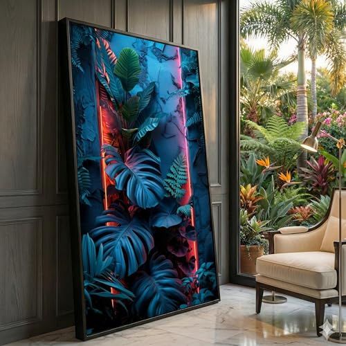 Tableau jungle tropicale néon aux accents bleus et roses