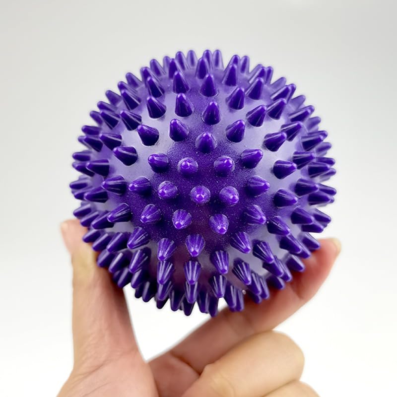 FACELESS Pack de 2 bolas de masaje con púas - Bolas rígidas de PVC para alivio muscular, rodillo para pies y masajeador cervical (morado, 7,5 cm) miniatura 3