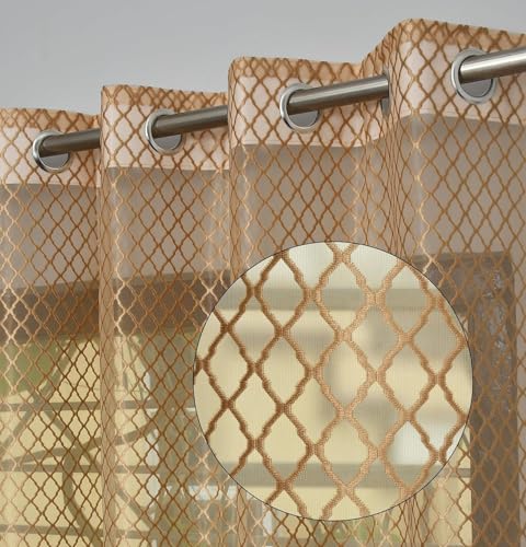 Image of IVAZA Heavy Premium Polyester Beautiful Moroccan Trellis Design Transparent Net Curtains | Modern Parde for Living Room Bedroom | Home Office Screens Door- 7 Feet (Pack of 2) Light Brown