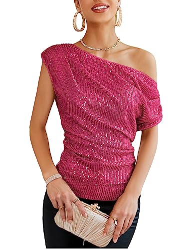 Image of GRACE KARIN One Shoulder Sequin Sparkly Tops for Women Ruched Asymmetrical Glitter Tops Slimming Sparkle Party Shirts
