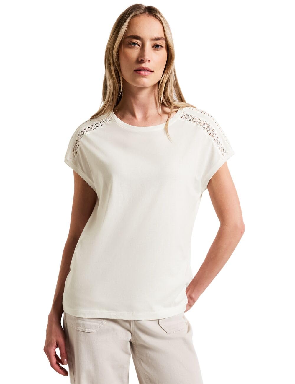 Street One Women's A323312 T-Shirt with Crochet Details, Off White, 16