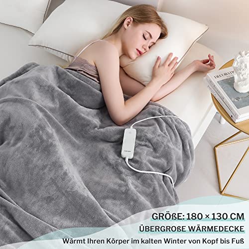 CORIWELL Wärmedecke Heizdecke mit Abschaltautomatik - 180 ×130 cm Flanell Elektrische Wärmedecke, 3 Temperaturstufen - Waschbar Heizdecke Kuscheldecke fürs Bett mit Überhitzungsschutz - Grau