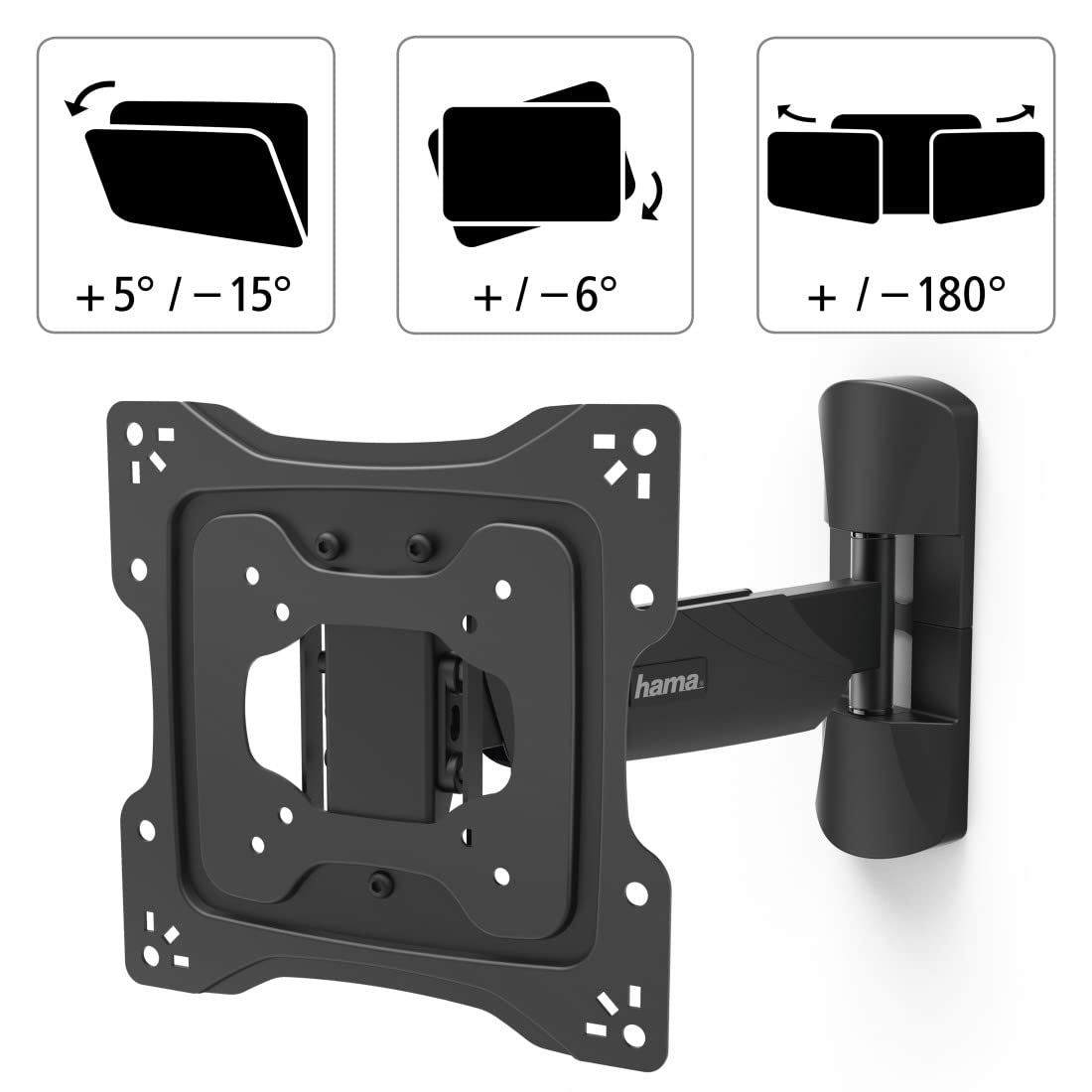 Hama Support Mural TV Pivotable Inclinable Dispositif Antivol Garantie 10 Ans (TV 19" à 48", 122cm 20kg Max, Inclinaison - 5/+15°, Rotation 180°, VESA 200x200 Max, Chevilles Fischer) Noir