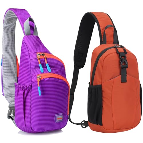 Peicees Pack of 2 Small Sling Backpack Waterproof Unisex Shoulder Bag Chest Crossbody Daypack, Medium Purple and Small Orange