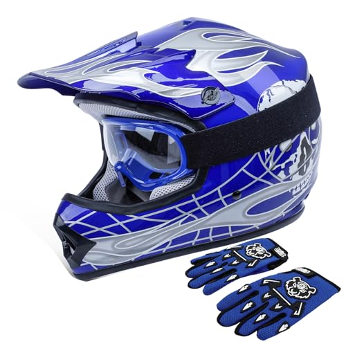 TCT-MOTORPARTS DOT Kids Youth Motocross Helmets ATV Off-Road Dirt Bike Motorcycle Full Face Blue Skull Helmet+Gloves+Goggles Large