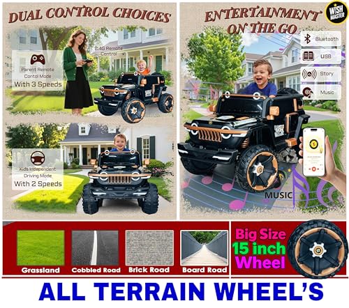 Image of Wishmaster Kids Battery Operated Car, Big Size 1166 Model, 4 Motor Ride-On EV for Boys & Girls 1-10 Years | Remote + Steering + Mobile App | Bluetooth Music | Black & Gold Kids Electric Jeep