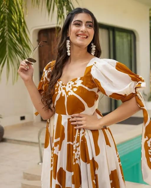 Image of Women Floral Printed Tiered Maxi Dress with Puff Sleeves, Empire Waist, Tie-Up Detail, Flared Long Dress for Casual Wear, Summer Outings, Vacation & Resort Wear - Causal Gown for Women
