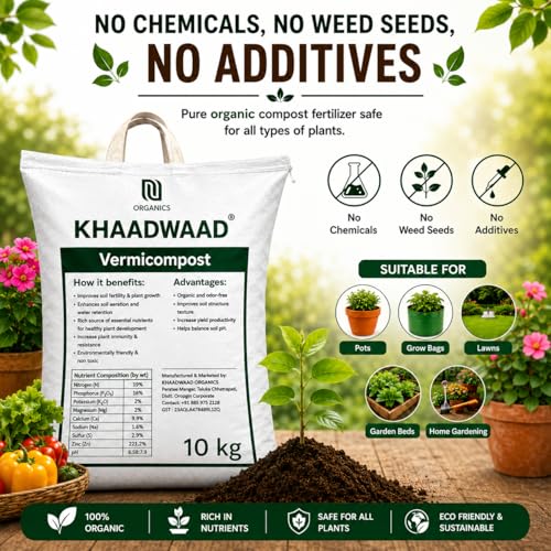 Image of Organic Vermicompost Fertilizer for Plants | Natural Manure & Soil Enricher for Home Garden, Terrace Garden, Pots, Planters & Vegetable Plants | 10 KG