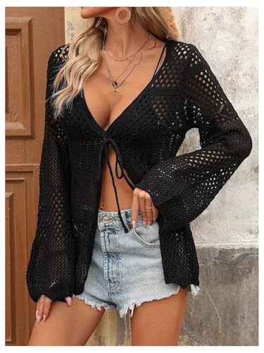 SHENHE Women's Front Tie Cardigan Bell Sleeve Hollow Out Lightweight Tunic Cardigan Sweaters4