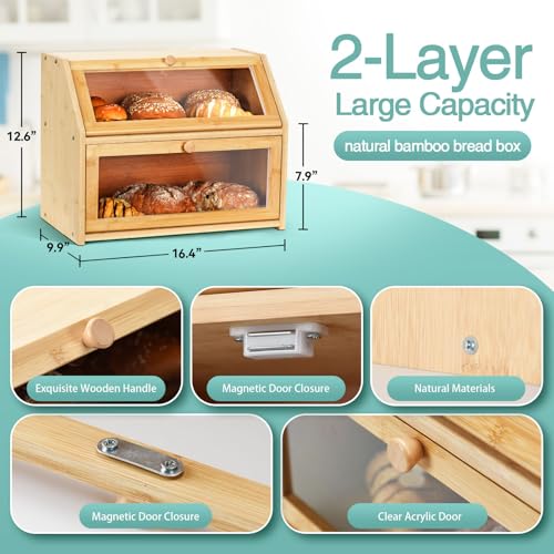 Bread-Box-for-Kitchen-Countertop-Large-Double-Layer-Bamboo-Bread-Storage-Box-with-Clear-Door-Includes-20-Bread-Bags-Labels-Farmhouse-Kitchen-Storage-Organizer-Natural-Bamboo