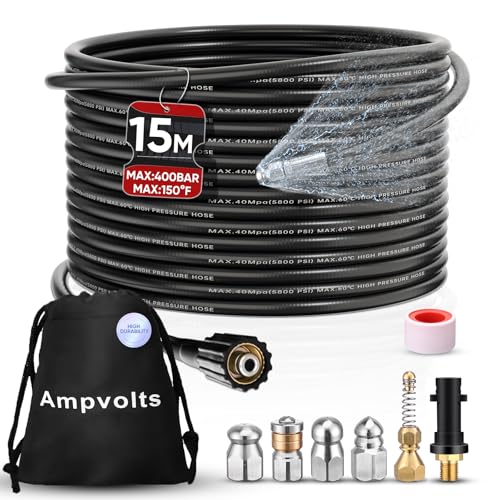 Ampvolts Desatascador de Tuberías a Presión - 400 Bar/5800 PSI, 5 boquillas y Adaptador Karcher Compatible con Hidrolimpiadoras Karcher K2 K3 K4 K5 K6 K7 (15M, Adaptador Karcher Estándar, Old)