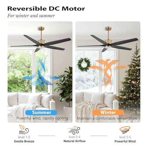 LEDLUX 60" Ceiling Fan with Light – Remote Control, Solid Wood, 6-Speed, Quiet Reversible DC Motor, Black/Gold Finish, 4.5"/12" Downrods, Noiseless Large Ceiling Fan for Bedroom, Living Room, Porch by LEDLUX - Image 5
