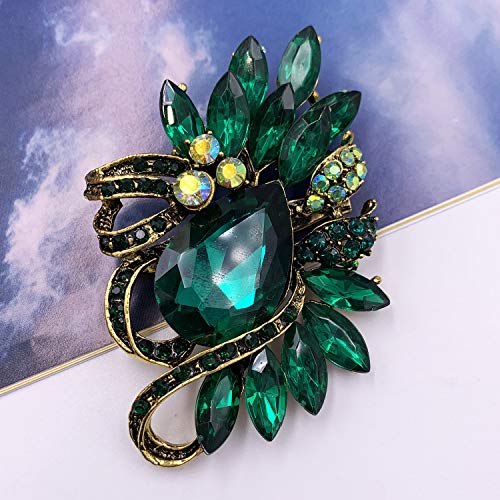 Selovo Vintage Style Statement Green Leaf Scarf Shawl Brooch Pin Crystal Antiqued Gold Tone #TOP1