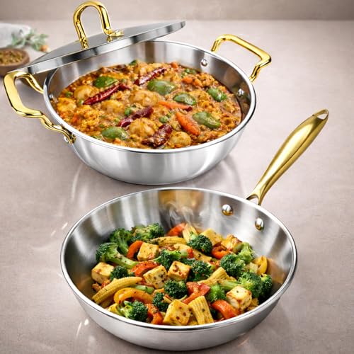 Image of SOLARA MontClaire Premium Triply Stainless Steel Cookware Set of 2, Fry Pan 22cm(1.7L) + Kadai for Cooking 22cm(2.3L) with Golden Handles and Steel Lid, Induction Friendly, 100% Toxin & Chemical Free