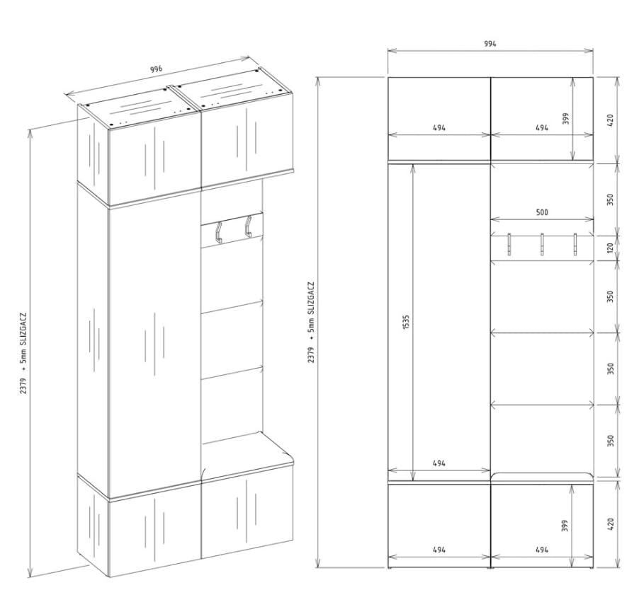 BDW HAGA II 1SZ1W - Set di armadi, panchina, altezza 238 cm, larghezza 100 cm, profondità 35 cm, modulare, corridoio, scarpiere e giacche