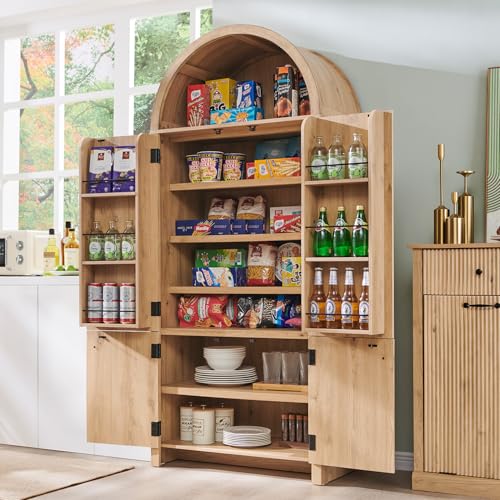 Image of IFGET 71 inch Tall Arched Kitchen Pantry, Modern Fluted Wood Storage Cabinet with Doors, 3 Adjustable Shelves, 6 Door Shelves, Organizer, Versatile Cupboard for Kitchen, Bathroom, Natural