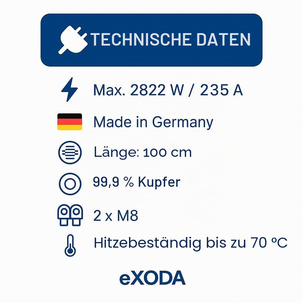 eXODA Batteriekabel Set 35mm² 100cm M8 rot schwarz 235A 12V hitzebeständig | Batteriekabel, 35 mm², 100 cm Länge, 235A bei 12V, hitzebeständig bis 70°C, Ösen-Schraubenöffnung M8, hohe Leitfähigkeit