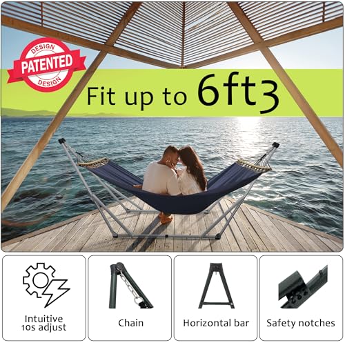 Image of Tranquillo Ultimate Relaxation Portable Hammock Stand, Foldable Hammock Stand with Canvas Hammock, Spreader Bar, Quick Fold Unfold in 30 Seconds Steel Frame Hammock 600 lbs Capacity, White /Navy