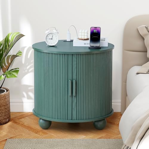 Image of 24 inch Fluted Round Nightstand Set of 2, Mid-Century Large Wooden End Table with Charging Station, Farmhouse Storage Side Table with Sliding Door for Bedroom Living Room (2XRound, Green)