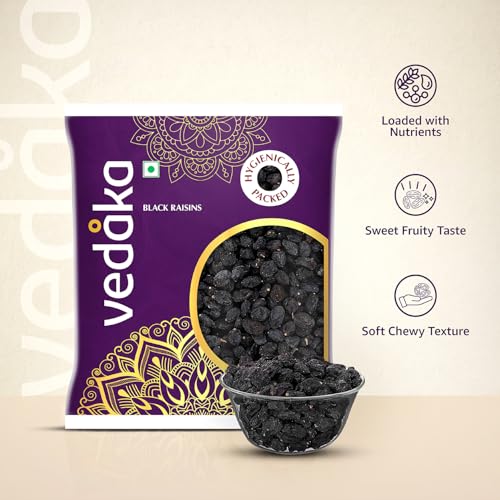 Image of Amazon Brand - Vedaka Black Raisins (Seedless) | 500 g | Kali Kishmish, Kali Draksh, Dry Fruits | Sweet Fruity Taste and Soft Chewy Texture | Antioxidant-Rich | Low-Fat Snack | Immunity Booster