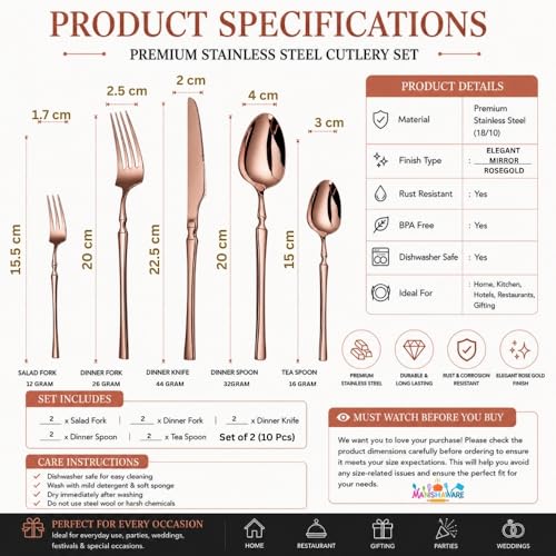 Image of Elegant Handle Rose Gold 10 Pcs Stainless Steel Cutlery Set for Dining Table, Dishwasher Safe Glossy Flatware (2 Spoon Set+2 Forks Set+2 Butter Knife+2 Dessert Spoon+ 2 Fruit Fork)